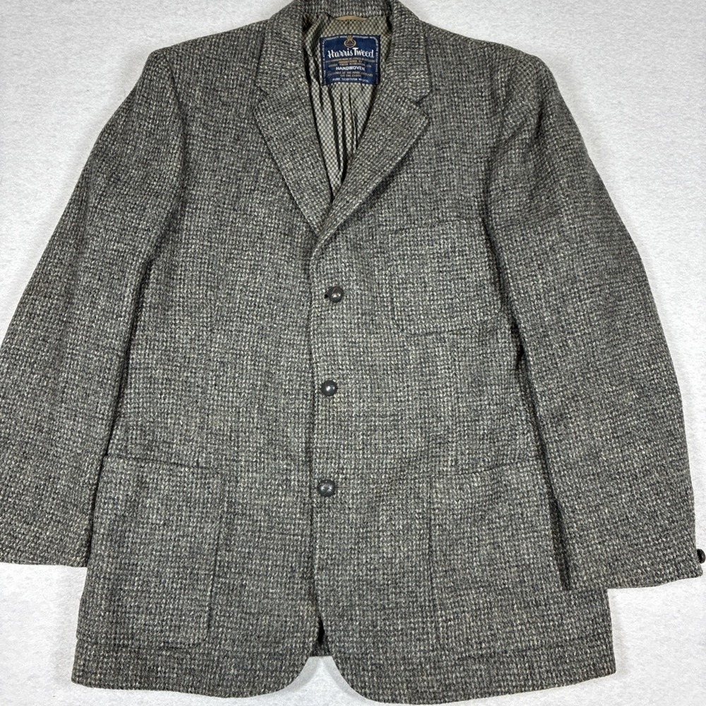 Vintage Harris Tweed Houndstooth Three Button Gray Jacket 42R Academia Old Money
